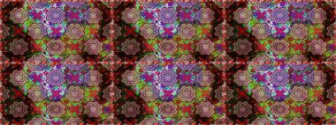 Yaprak ve çiçeklerin suluboya resimleri, kahverengi ve kırmızı renklerde pürüzsüz desenler. Kahverengi ve kırmızı renklerde bahar çiçekleri. Raster illüstrasyonu.