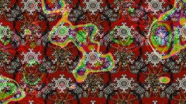 Çok kahverengi ve kırmızı zarif küçük çiçekler ve kahverengi ve kırmızı renkli komik böcekler, raster desen, illüstrasyon.