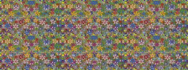 Halk tarzı. Modern çiçek arkaplanı. Moda baskıları için zarif bir şablon. Parlak renkli çiçekleri ve yeşil ve nötr renklerde yaprakları olan şaşırtıcı, pürüzsüz çiçek deseni..