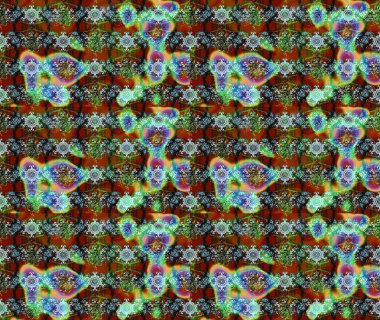 Ağaç dallı bahar çiçekleri deseni, yeşil, kahverengi ve mavi renkler ve çiçek silueti. Raster deseni.