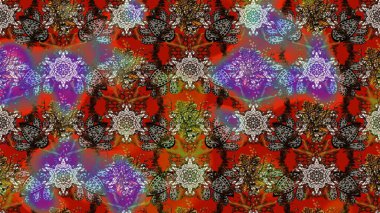 Çiçekli ipek eşarp. El çizimi çiçek unsurları olan soyut çizim raster deseni. 1950-1960 motifleri. Retro tekstil tasarım koleksiyonu. Kahverengi ve kırmızı üzerine kahverengi ve kırmızı.