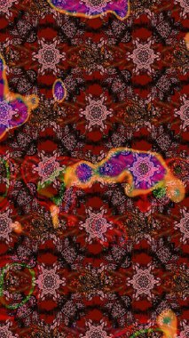 Vadinin çiçekleri kahverengi ve kırmızı renklerde. Soyut etnik raster çizim kalıbı. Çiçekler..