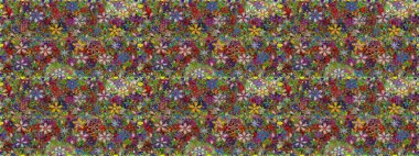 Tekstil, kumaş, ambalaj, hatıra defteri için hoş bir çiçek arkaplanı. El çizimi çiçekli, pürüzsüz bir desen. Çocuksu tasarım. Yeşil ve kahverengi arkaplanda.