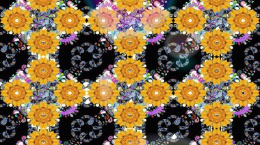 Küçük çiçekteki sevimli çiçek deseni. Bir sürü sarı soyut çiçekli tropikal eskiz deseni. Varicoloyellow Raster çizimi.