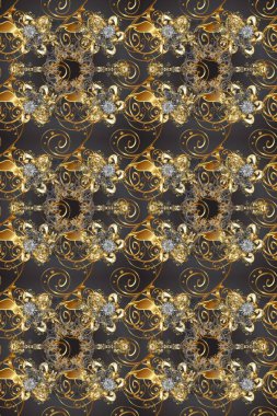 Süslü dekorasyon. Lüks, kraliyet ve Viktorya dönemi konsepti. Raster klasik barok çiçeksiz altın desenli. Altından elementlerle bej, kahverengi ve gri renklerde altın desen.