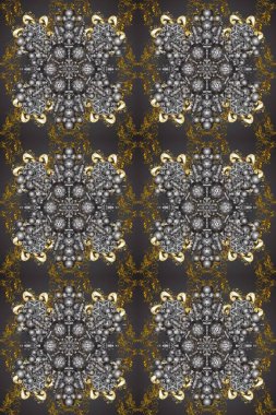 Altın çiçekli, pürüzsüz desen. Damask arkaplanı. Gri, kahverengi ve yeşil renklerde altın bir element. Barok tarzında altın çiçekli süs..