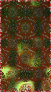 Manzaralı çiçek deseni. Sevgililer günü ve tebrik kartı konsepti için şık bir davetiye. Üst manzara, yumuşak kahverengi ve yeşil renk tarzı. Çiçek kompozisyonu, el boyası, hassas şablon..