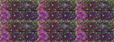 Renkli Bahar Temalı Kusursuz Arkaplan. Çiçeksel fantezi tasarımı, parlak bir arka planda, kusursuz bir desen. Düz Çiçek Elementleri Tasarımı.