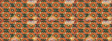 Raster illüstrasyonu. Süslü dekorasyon. Damask altın soyut çiçek turuncu renklerde pürüzsüz desen.