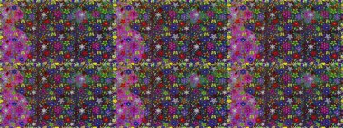 Renkli Bahar Temalı Kusursuz Arkaplan. Çiçeksel fantezi tasarımı, parlak bir arka planda, kusursuz bir desen. Düz Çiçek Elementleri Tasarımı.