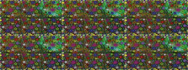 Raster illüstrasyonu. Raster deseni. Yeşil ve kahverengi renklerde. Soyut çiçek desensiz arkaplan. Küçük çiçekte sevimli çiçek deseni var..