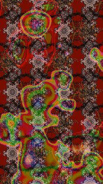 Kumaş desenli papatya çiçeği detayı. Kahverengi, kırmızı ve nötr renkte çiçekler.