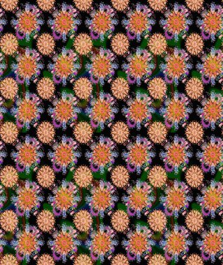 Siyah renkler üzerine çiçek desenli eskiz, el yapımı papatyalar, papatyalar. Tekrarlayan çiçek arkaplanı, zarif siyah çiçekler duvar kağıdı..