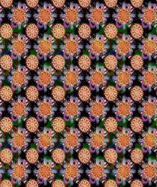 Siyah renkler üzerine çiçek desenli eskiz, el yapımı papatyalar, papatyalar. Tekrarlayan çiçek arkaplanı, zarif siyah çiçekler duvar kağıdı..