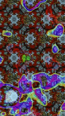 Çok renkli ve kahverengi zarif küçük çiçekler ve kırmızı ve kahverengi renkli komik böcekler, raster desen, illüstrasyon.