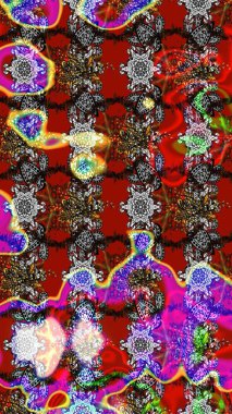 El çizimi çiçek unsurları olan soyut çizim raster deseni. Retro tekstil tasarım koleksiyonu. 1950-1960 motifleri. Kırmızı ve gri üzerine kırmızı ve gri. Çiçekli ipek eşarp..