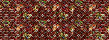 Modern çiçek arkaplanı. Moda baskıları için zarif bir şablon. Halk tarzı. Parlak renkli çiçekleri olan ve kahverengi ve kırmızı renkte yaprakları olan inanılmaz bir çiçek deseni..