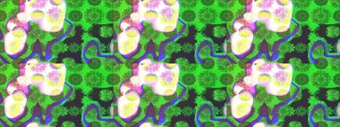 Renkli desenli eskiz deseni, yeşil çiçekler ve dekoratif elementlerle. Eskiz geçmişi. Raster illüstrasyonu. Kumaş, tekstil, duvar kağıdı baskısı için. Antika retro tarzı.