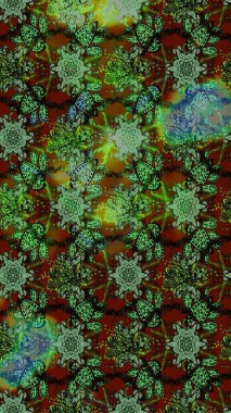 Raster illüstrasyonu. Düz Çiçek Elementleri Tasarımı. Renkli Bahar Teması eskiz kalıbı. Yeşil ve kahverengi renkte zarif çiçekler, suluboya..