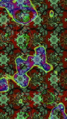 Tekstil tasarımı için yeşil ve kahverengi renkli geleneksel halk çiçekleri. Üzerinde gelincikler ve vadi zambakları olan renkli çiçek desenli nakış..