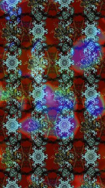 Halk tarzı. Parlak renkli çiçekleri ve kahverengi ve mavi renkli yaprakları olan harika bir çiçek deseni. Moda baskıları için zarif bir şablon. Modern çiçek arkaplanı.