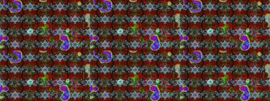 Parlak çiçekli kırmızı ve kahverengi renkler üzerine soyut çizim deseni. Çiçeksel elementlerle süslenmiş zarif raster dokusu. Küçük çiçekte şirin bir çiçek deseni var..