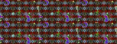 Parlak çiçekli kırmızı ve kahverengi renkler üzerine soyut çizim deseni. Çiçeksel elementlerle süslenmiş zarif raster dokusu. Küçük çiçekte şirin bir çiçek deseni var..