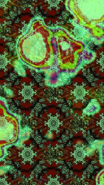 Raster illüstrasyonu. Çiçekli karalama şeklinde Raster çiçek deseni. Yeşil ve kahverengi renklerde bahar çiçekleri..