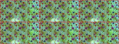 Yeşil ve mavi kıvırcık çiçekler yeşil ve mavi renklerde şekillenir. Raster illüstrasyonu. Klasik çiçek tasarım elementleri.