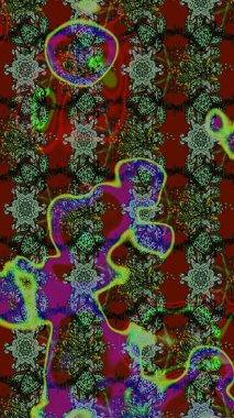 Yeşil ve kırmızı renklerde. Raster illüstrasyonu. Raster illüstrasyonundaki çiçek desenli çizim. Güzel kumaş deseni.