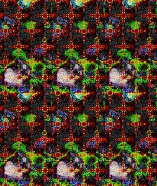 Çiçeksel elementlerle süslenmiş zarif raster dokusu. Siyah renkler ve parlak çiçekler üzerine soyut çizim deseni. Küçük çiçekte şirin bir çiçek deseni var..