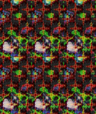 Çiçeksel elementlerle süslenmiş zarif raster dokusu. Siyah renkler ve parlak çiçekler üzerine soyut çizim deseni. Küçük çiçekte şirin bir çiçek deseni var..