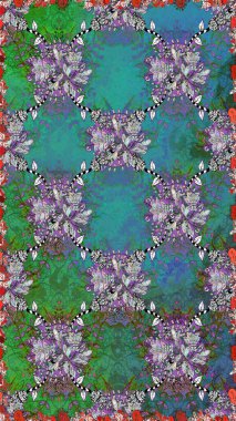 Çiçekli güzel suluboya desen. Raster illüstrasyonu. Yeşil ve mavi renklerde.