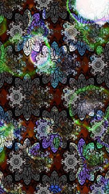 Gri renkli etnik çiçekli zarif eskiz deseni. Asya Tekstil 'inde Raster Çiçek İllüstrasyonu.