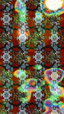 Çiçek ve yapraklı karalama şeklinde Raster çiçek deseni. Raster illüstrasyonu. Kahverengi ve yeşil renklerde bahar çiçekleri..