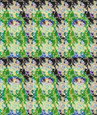 Yeşil renkli bitkilerden oluşan parlak çiçekli çizim deseni.