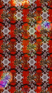 El çizimi çiçekli soyut çizim kalıbı. Raster illüstrasyonu. Kahverengi ve kırmızı renkte çiçekler.