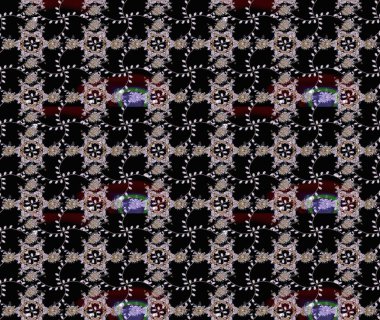 Üzerinde gelincikler ve vadi zambakları olan renkli çiçek desenli nakış deseni. Tekstil tasarımı için siyah, nötr ve kahverengi renkli geleneksel halk çiçekleri buketi.