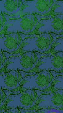 Raster Çiçek İllüstrasyonu 'nun şirin tekstili. Yeşil renkli etnik çiçeklerle zarif eskiz deseni.