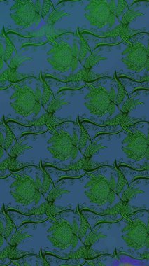 Raster Çiçek İllüstrasyonu 'nun şirin tekstili. Yeşil renkli etnik çiçeklerle zarif eskiz deseni.