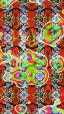 Raster illüstrasyonu. Kahverengi, kırmızı ve gri renklerde Asya tekstili. Suluboya çiçekli çiçek deseni.