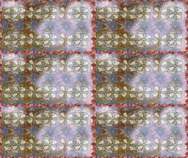 Renkli desenli kusursuz desenli, nötr ve gri çiçekli ve dekoratif elementli. Raster illüstrasyonu. Kusursuz bir geçmişi var. Eski usul. Kumaş, tekstil ve duvar kağıdı baskısı için..