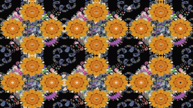 Çok renkli, zarif küçük çiçekler ve siyah renkli komik böcekler, raster desen, illüstrasyon..