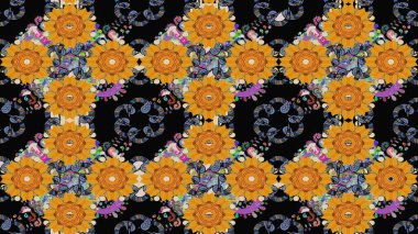 Çok renkli, zarif küçük çiçekler ve siyah renkli komik böcekler, raster desen, illüstrasyon..