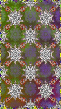 Çiçekleri, deniz kabukları, mandalaları ve suluboya efektleriyle donanma geçmişi. Kusursuz etnik tasarım. Yatak çarşafları, ceket, paket tasarımı, kumaş ve moda kavramları için tekstil baskısı.