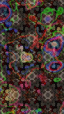 Raster Floral Illustration, Asyalı tekstil. Siyah renkli etnik çiçeklerle zarif eskiz deseni.