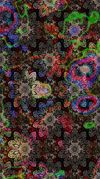 Raster Floral Illustration, Asyalı tekstil. Siyah renkli etnik çiçeklerle zarif eskiz deseni.