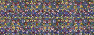 Yumuşak, bahar çiçekleri mavi ve yeşil renklerde. Raster illüstrasyonu. Patlayan çiçekler soyut olarak yerleştirilmiş. Raster deseni.