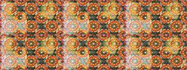 Senin tasarımın için, duvar kağıdı. Turuncu renklerde altın desenli altın çiçekli desenler. Raster geometrik arka plan. Altın rengi kusursuz illüstrasyon.