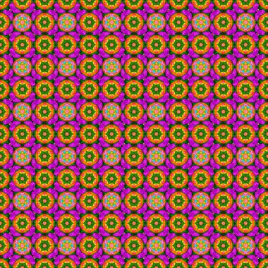 Mor, turuncu ve yeşil renkte çiçekler. Düz Çiçek Elementleri Tasarımı. Renkli Bahar Temalı Kusursuz Arkaplan. Güzel çiçek deseni..